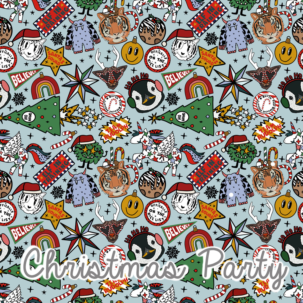 Patterned fabric with Christmas-themed designs on a light blue background