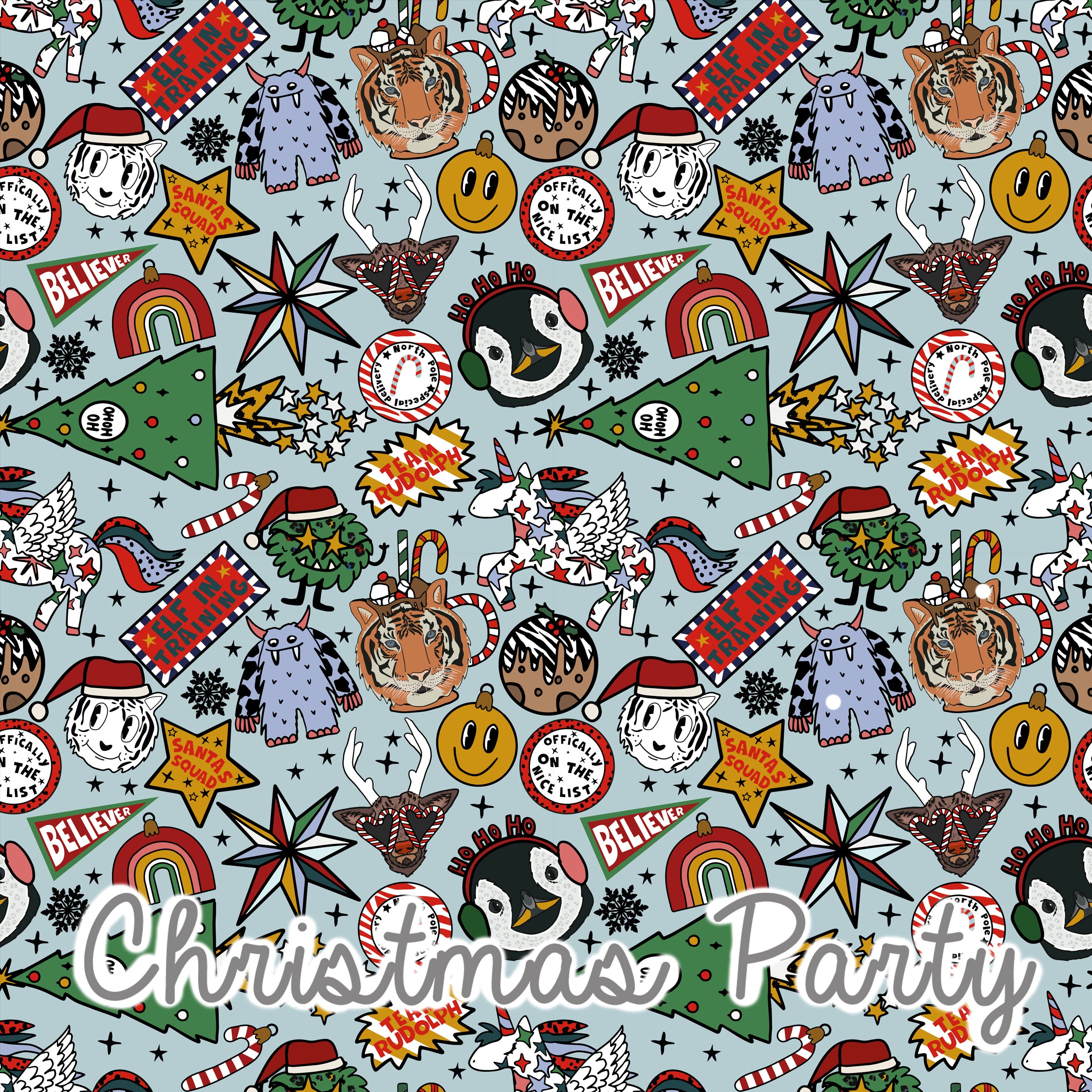 Patterned fabric with Christmas-themed designs on a light blue background